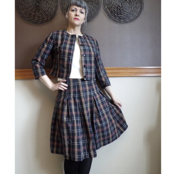 1960's PLAID SKIRT SUIT 60's vintage set S (D4) - Picture 1 of 9